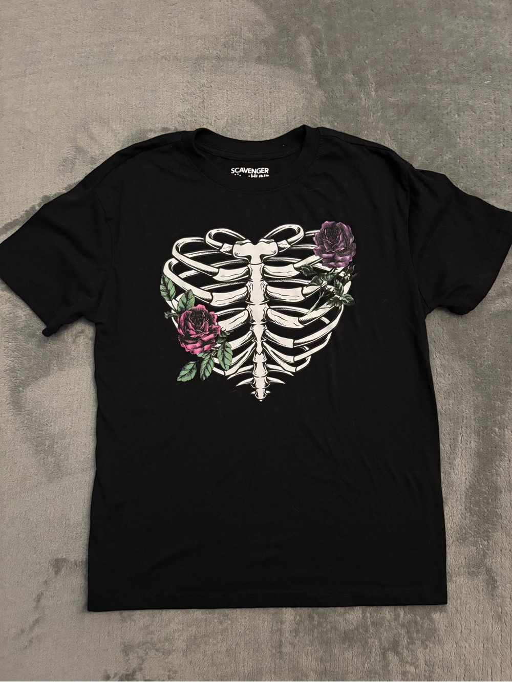 Kids Black Short-Sleeve Tee with White Ribcage and Purple/Pink Roses